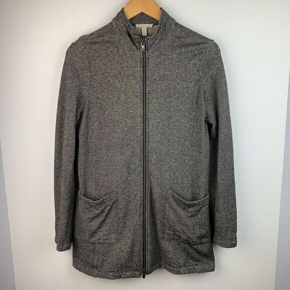 Eileen Fisher Hemp/Organic Cotton Micro Stripe Double Zip Jacket Sweater xsmall - Picture 1 of 8